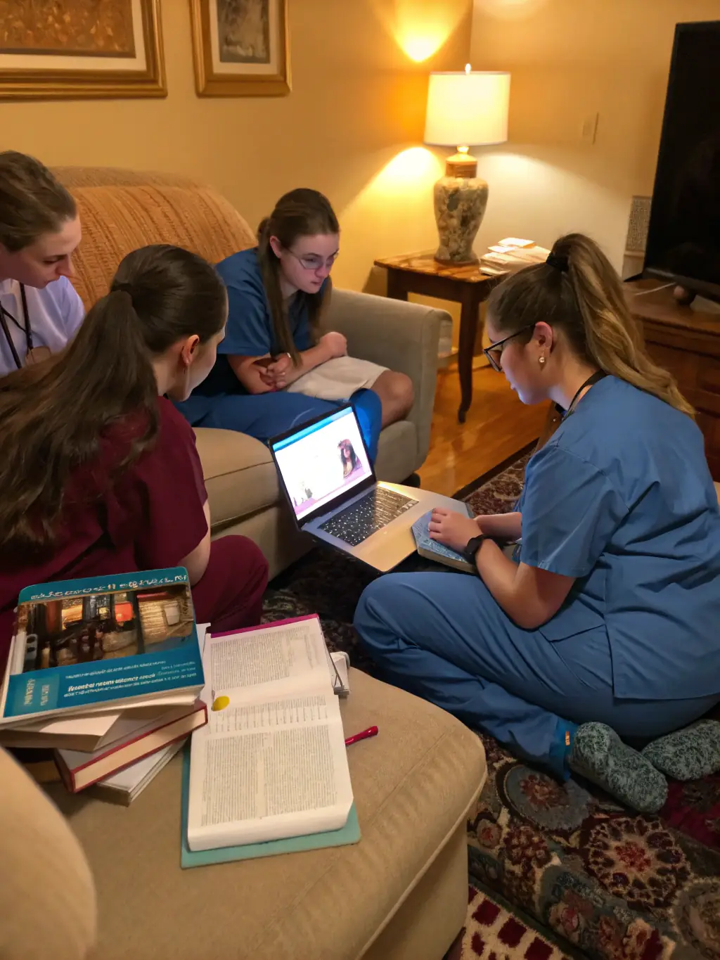 A group of nursing students collaboratively discussing practice exam questions, highlighting the value of peer learning and shared insights in exam preparation.
