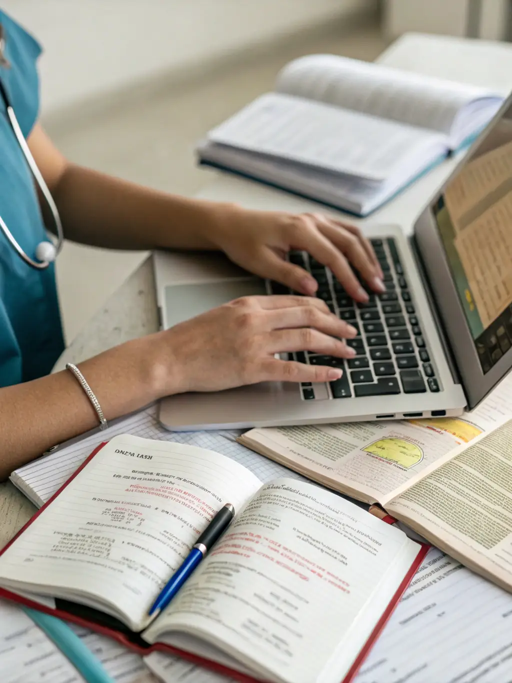 A focused student at a desk, surrounded by nursing textbooks and notes, highlighting key information with a determined expression, symbolizing effective study techniques for the NCLEX.