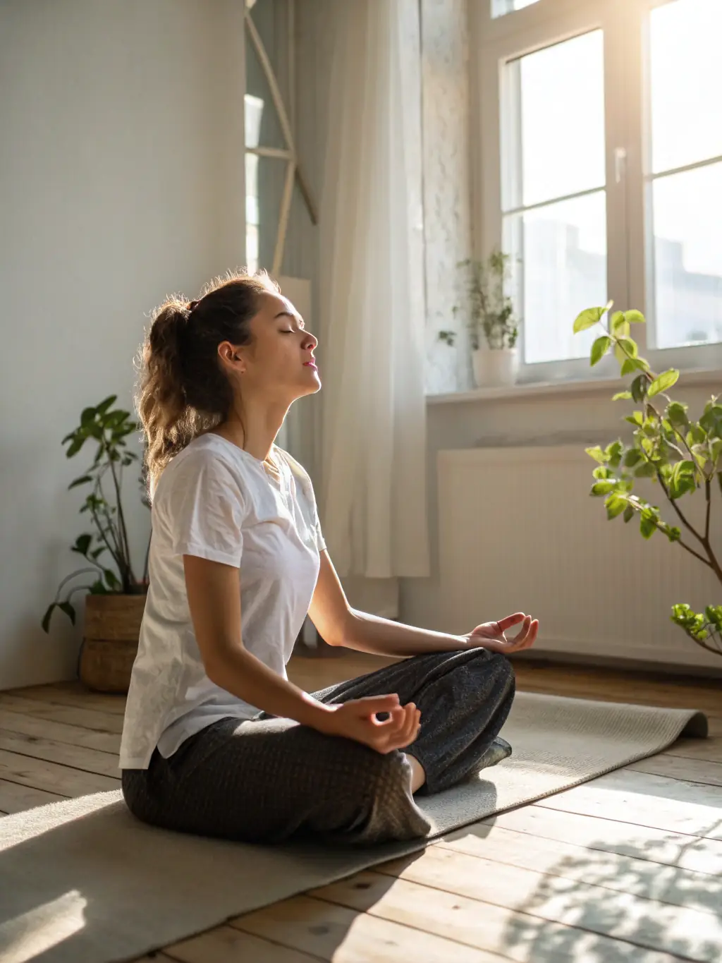 A serene individual practicing mindfulness or meditation, with soft lighting and calming background, illustrating stress reduction techniques for NCLEX candidates.